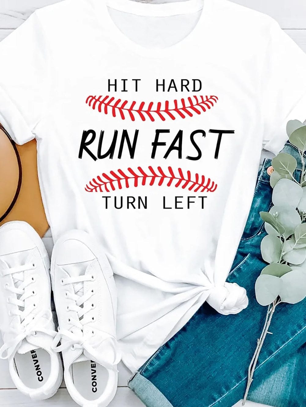 Baseball Print White Tee with "Hit Hard Run Fast Turn Left" Design