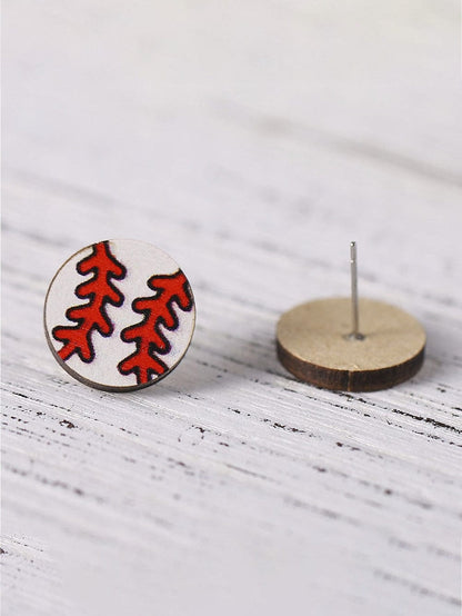Baseball Print Wooden Stud Earrings in White
