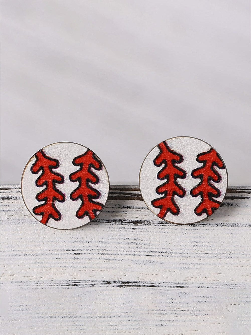 Baseball Print Wooden Stud Earrings in White