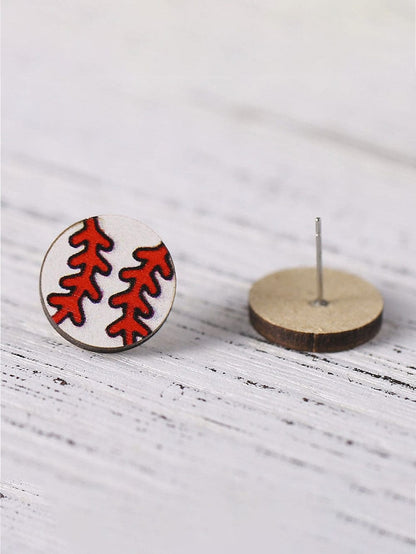 Baseball Print Wooden Stud Earrings in White