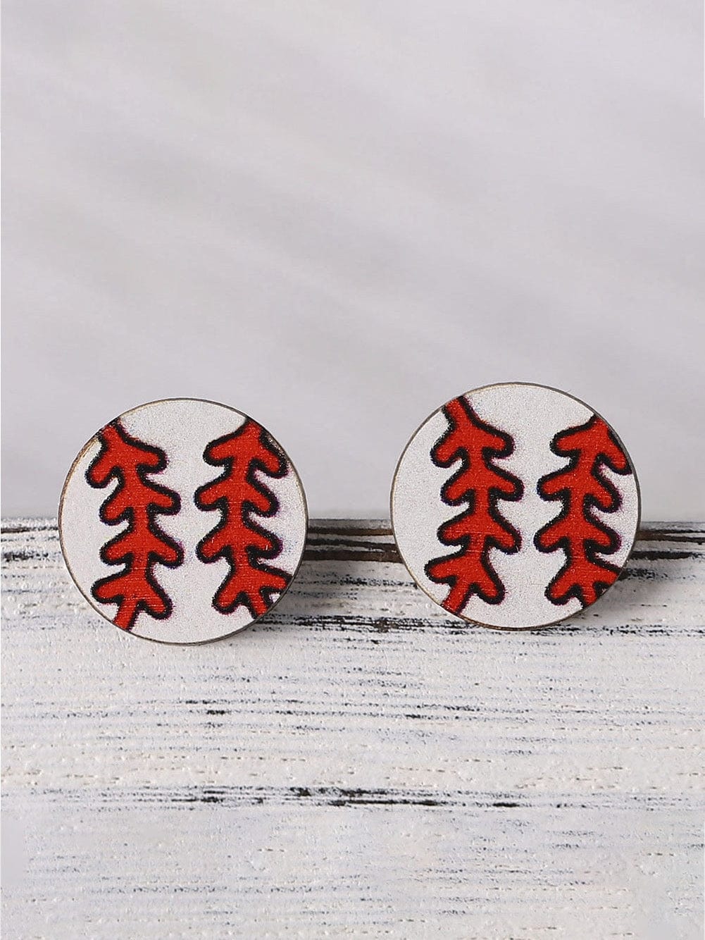 Baseball Print Wooden Stud Earrings in White