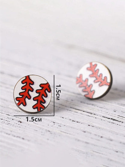 Baseball Print Wooden Stud Earrings in White