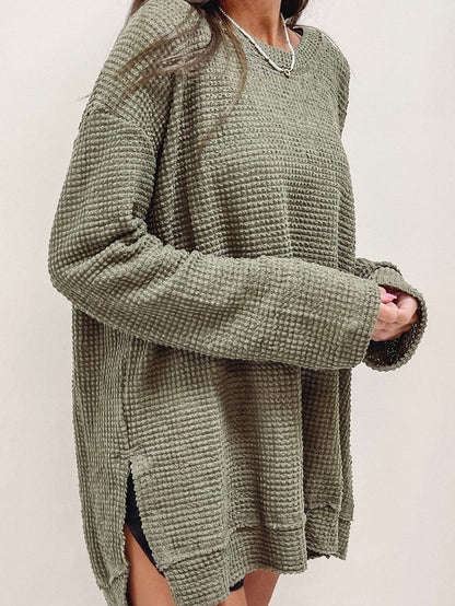Textured Moss Green Plus Size Waffle Knit Top with Long Sleeves