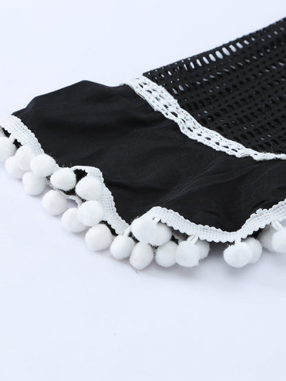 Beach Ready Black Crochet Pom Pom Trim Tunic Cover-Up