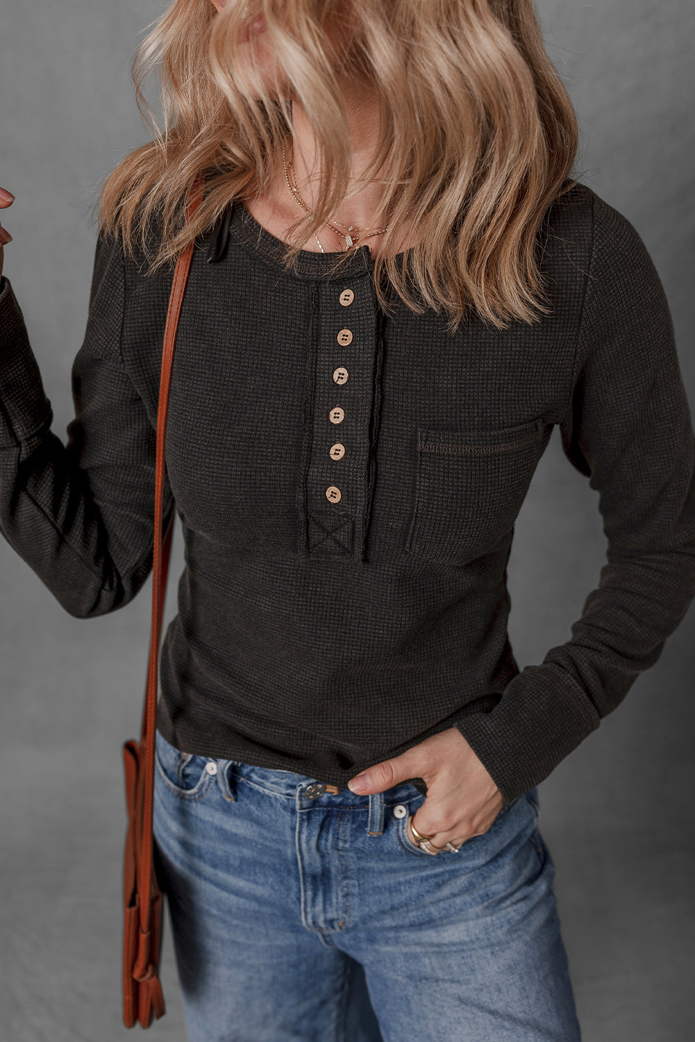 Black Mineral Wash Waffle Knit Single Chest Pocket Long Sleeve Henley Top