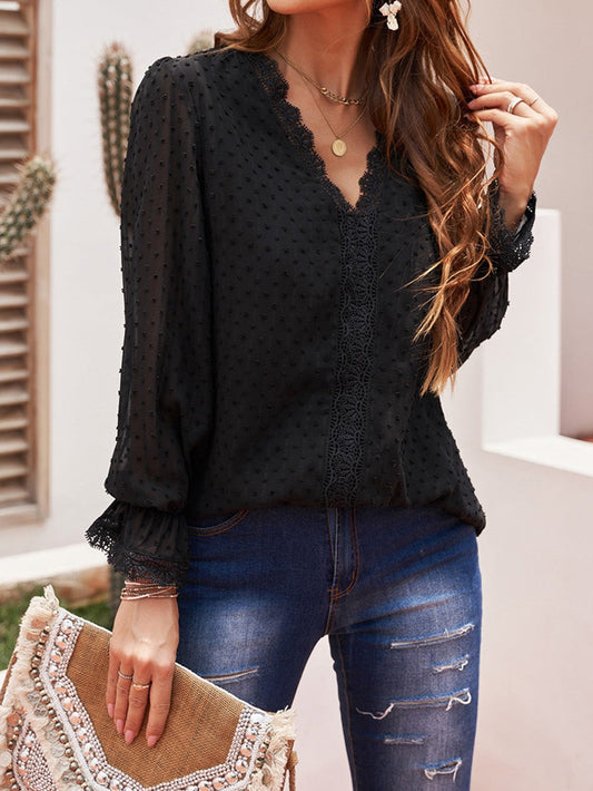 Elegant Swiss Dot Lace Detailed V-Neck Blouse