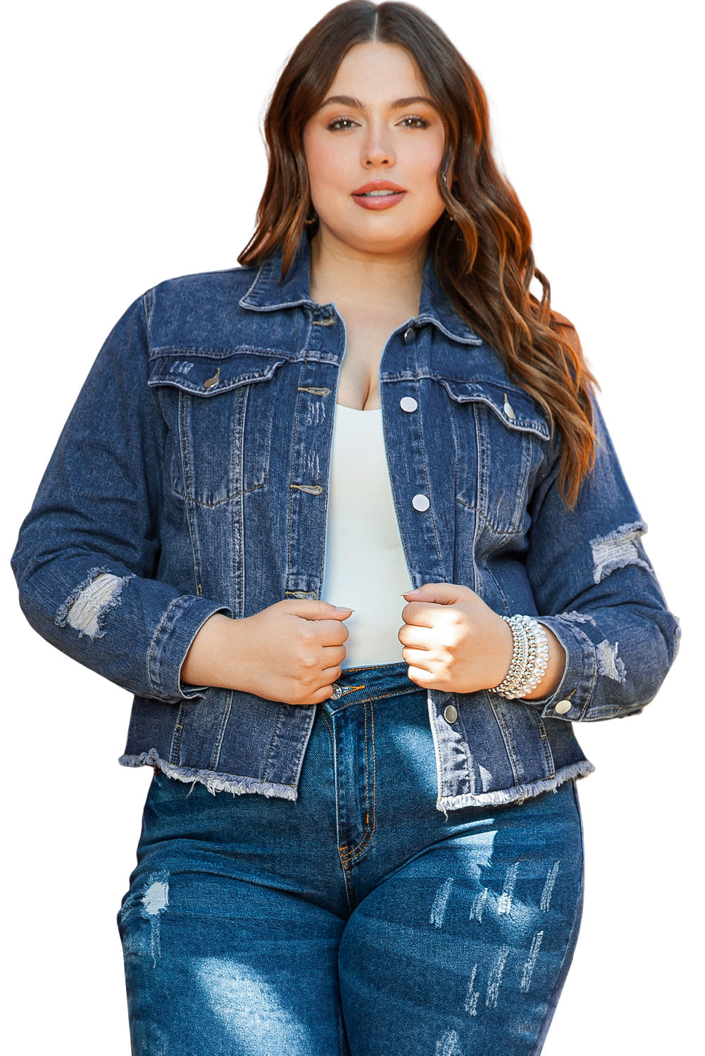 Stylish Plus Size Navy Distressed Denim Shacket