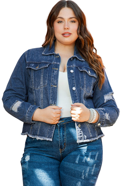 Stylish Plus Size Navy Distressed Denim Shacket