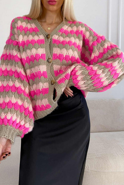 Rose Red Chic Striped Pattern Button V Neck Oversize Sweater Cardigan