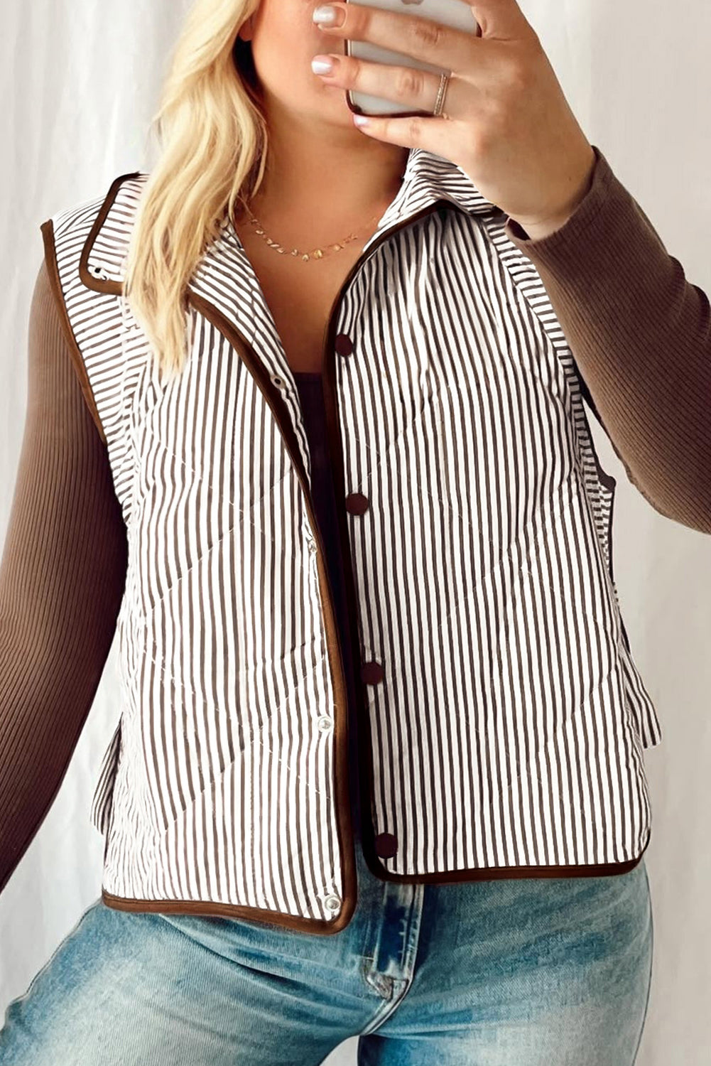 Brown Stripe Quilted Wavy Hem Snap Button Plus Size Vest