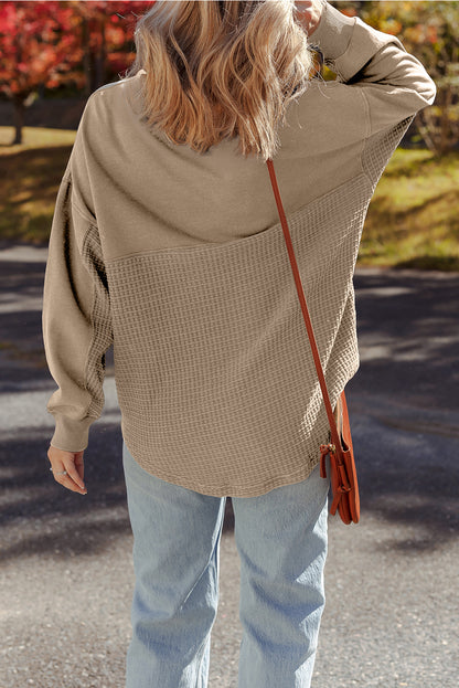 Parchment Waffle Knit Patchwork Half Zipped Casual Sweatshirt