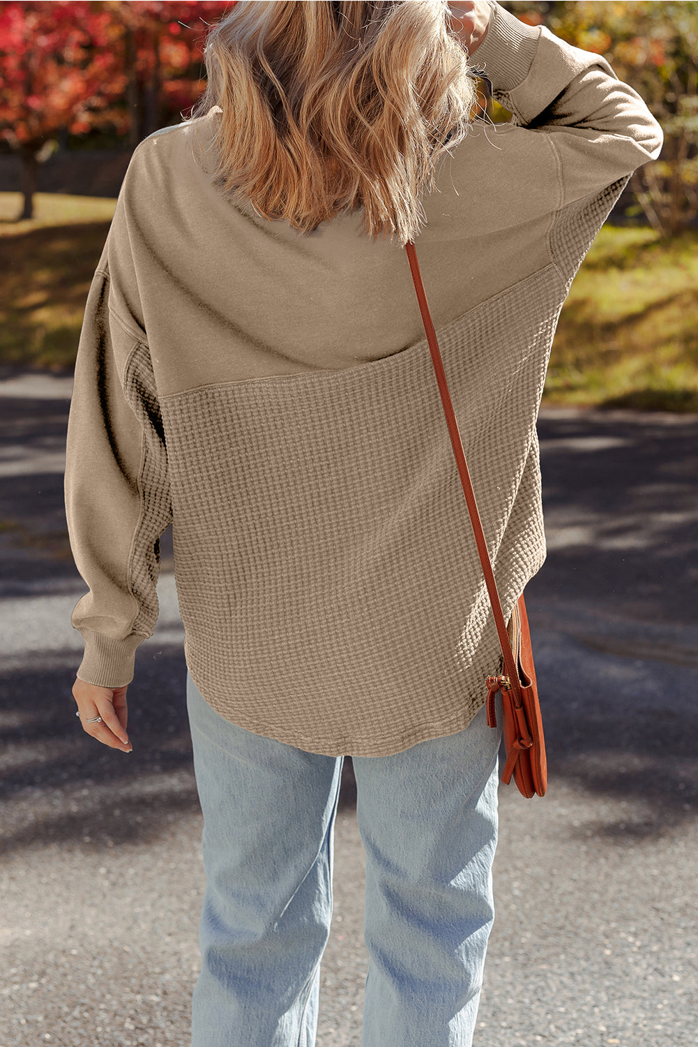 Parchment Waffle Knit Patchwork Half Zipped Casual Sweatshirt