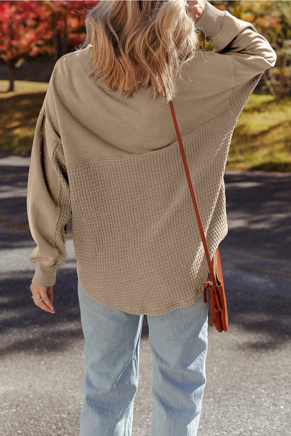Parchment Waffle Knit Patchwork Half Zipped Casual Sweatshirt