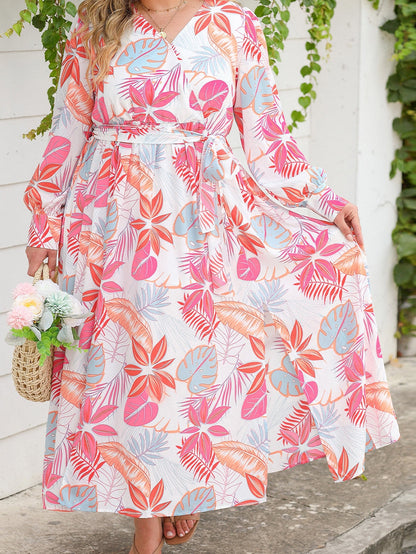 Tropical Print V-Neck Maxi Dress with High Waist Tie - Plus Size