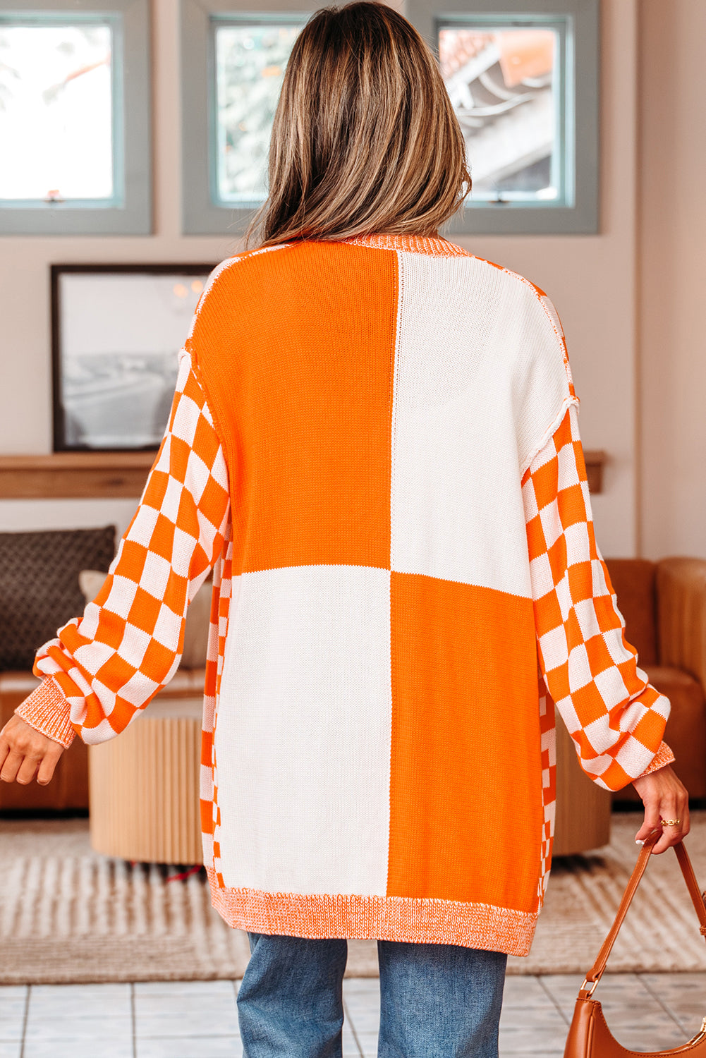 orange checkered cardigan