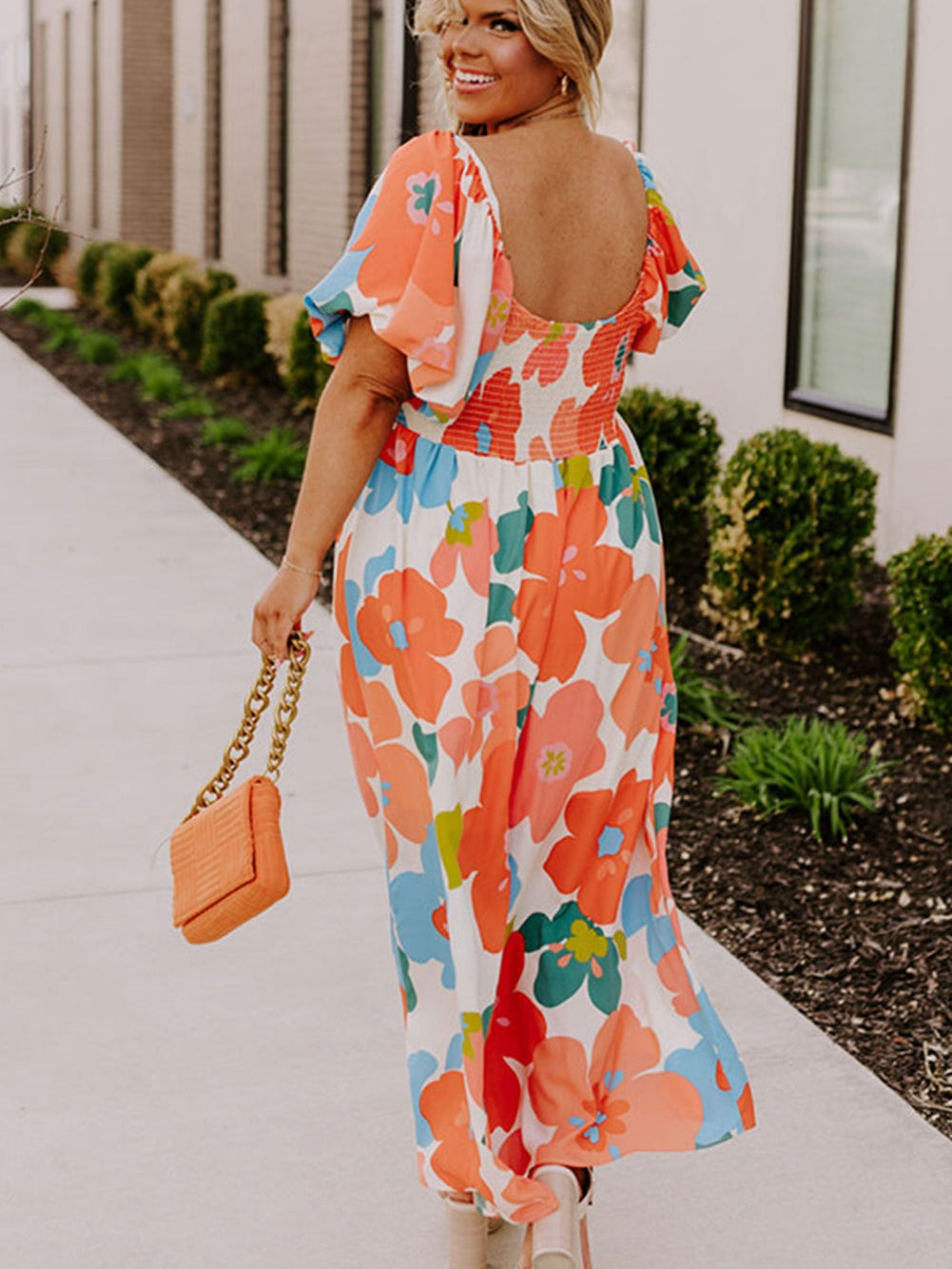 Floral Bliss Plus Size Orange Maxi Dress with Square Neck