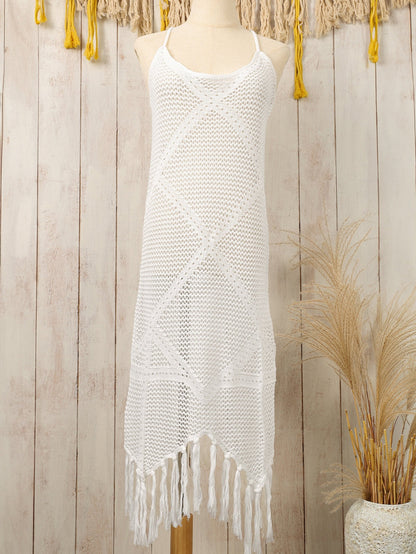 Beachy White Tassel Detail Crisscross Back Dress with Hollow Out Features