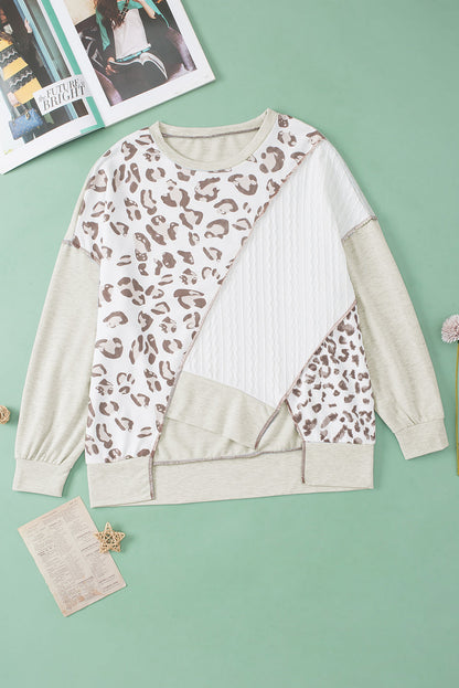 Leopard Patchwork Asymmetrical Loose Fit Sweatshirt