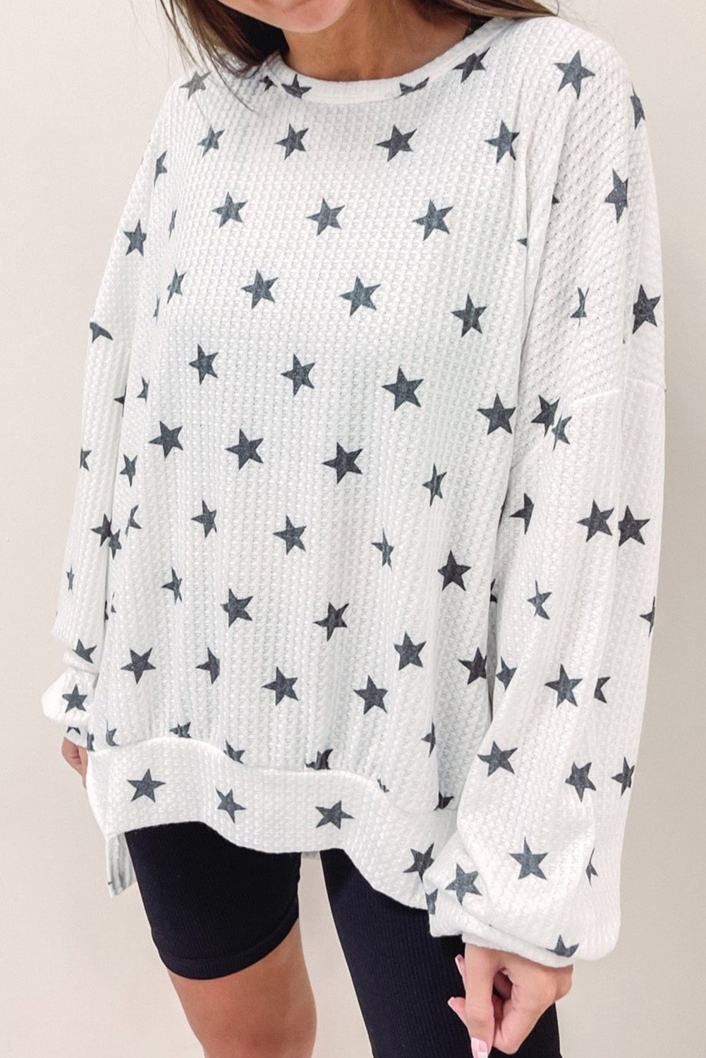 White Star Print Waffle Loose Pullover Top