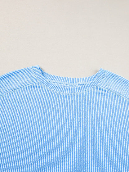 Light Blue Plus Size Ribbed Lounge Set with Long Sleeve Top and Drawstring Shorts