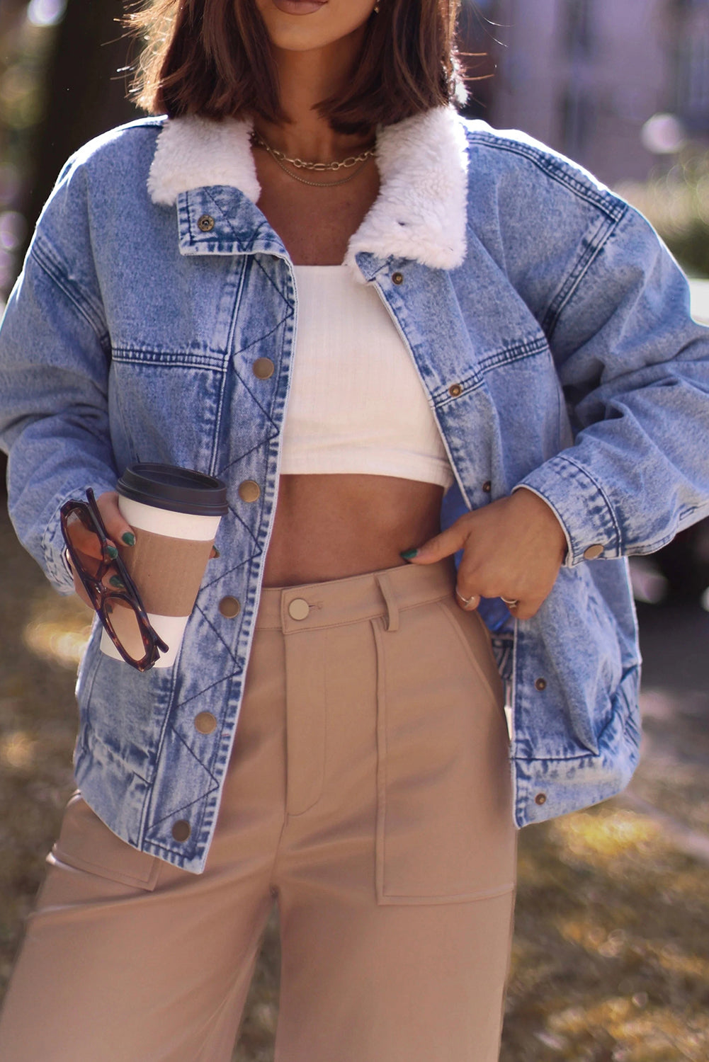 Sky Blue Sherpa Collar Durable Denim Jacket