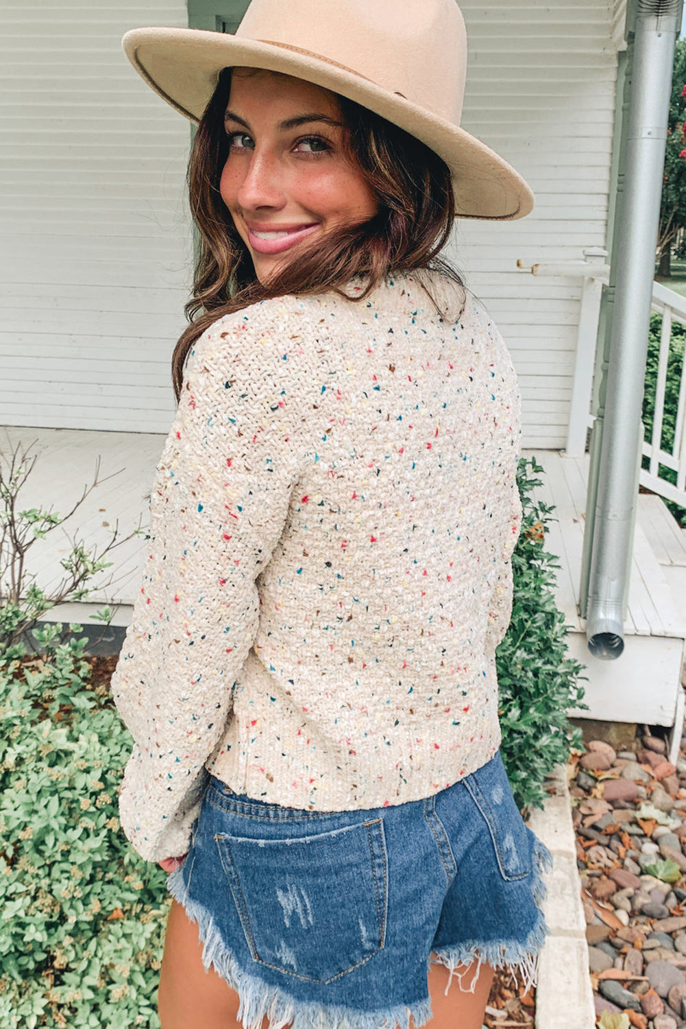 Apricot Confetti Print Long Puff Sleeve Sweater