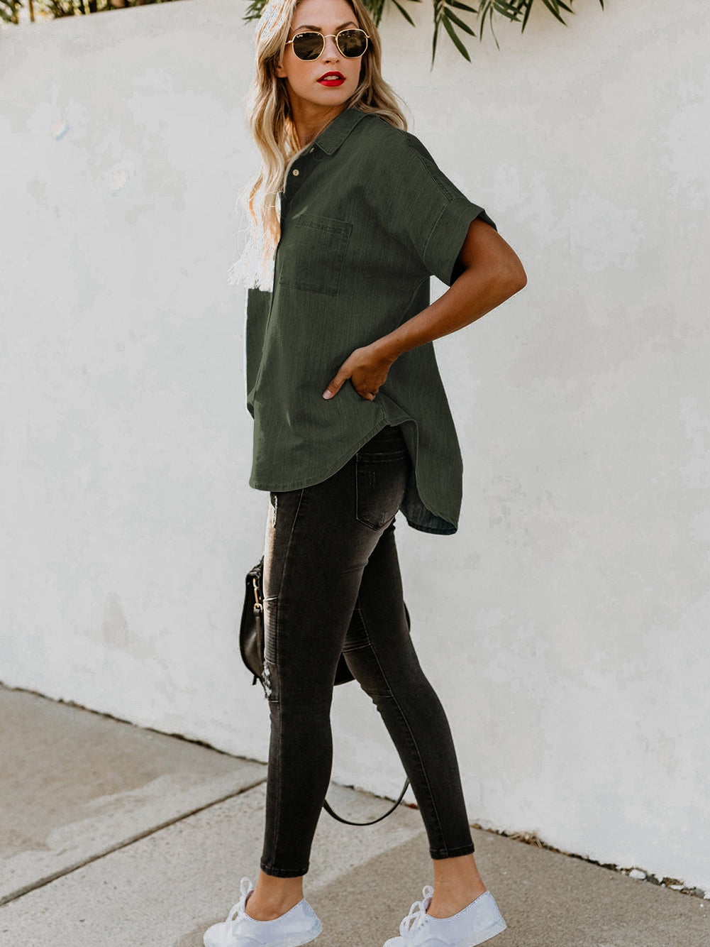 Green Casual Denim Shirt with Boyfriend Style