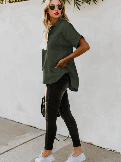 Green Casual Denim Shirt with Boyfriend Style