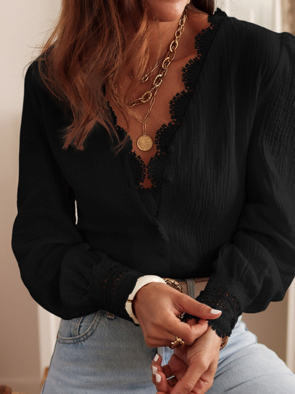 Elegant Black Lace Trim V-Neck Crochet Detail Blouse