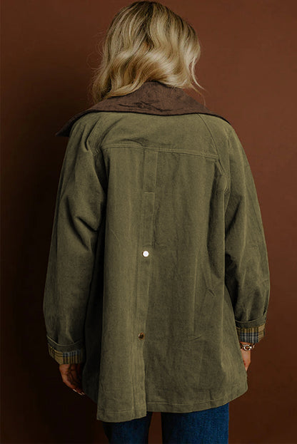 Moss Green Color Block Collar Patchwork Contrasted Leopard Liner Utility Jacket