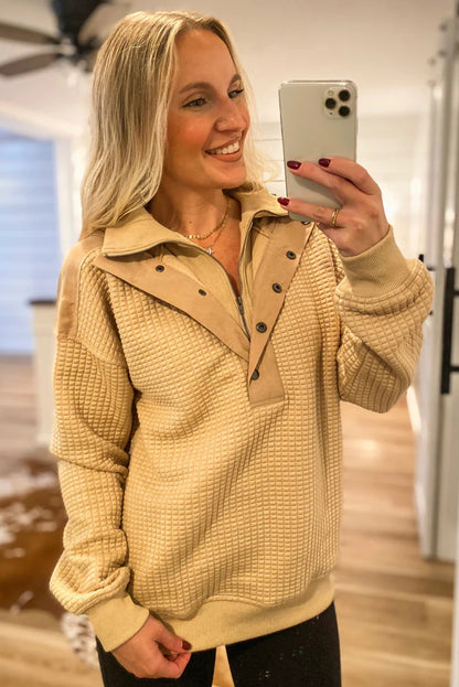Tan Button Zip Double Collar Patchwork Waffle Textured Hoodie