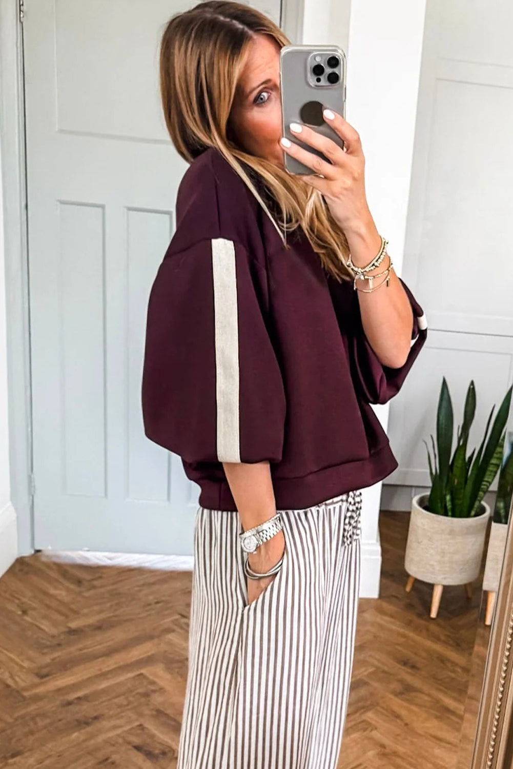 Burgundy Side Stripe Varsity Sweatshirt