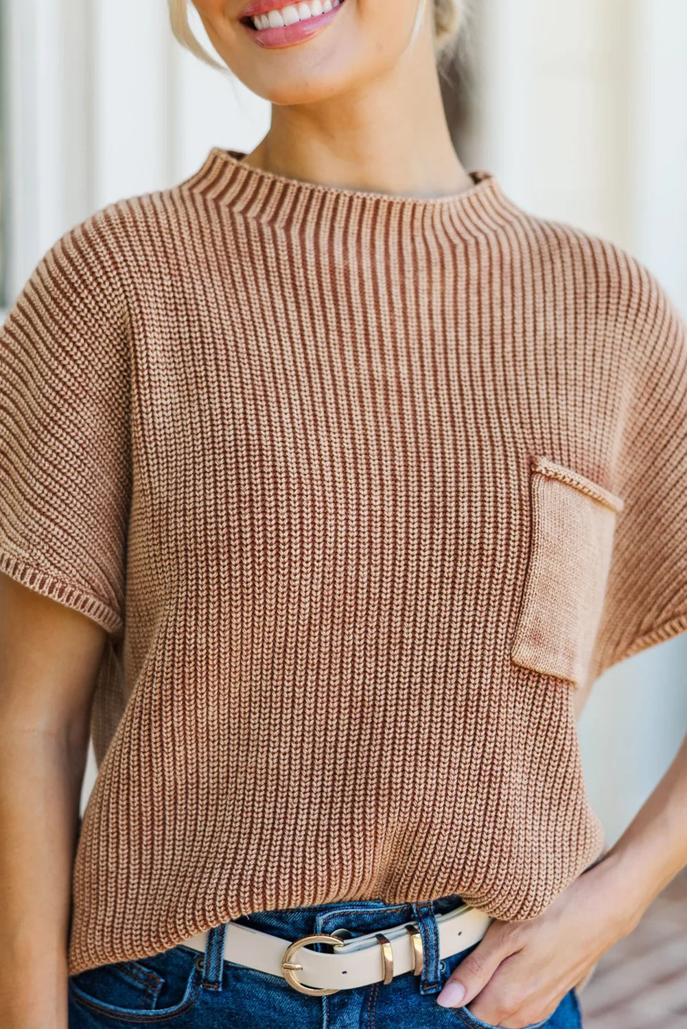 Chestnut Mineral Wash Ribbed Knit Patched Pocket Short Sleeve Loose Sweater