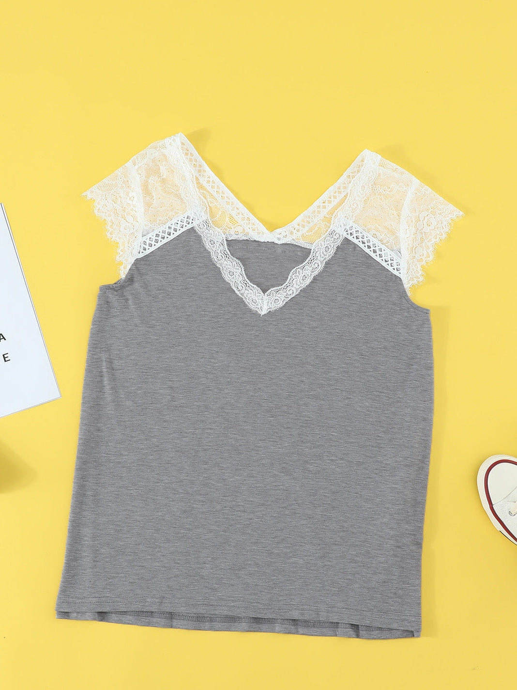 Gray Knit Lace Detail Cap Sleeve Top