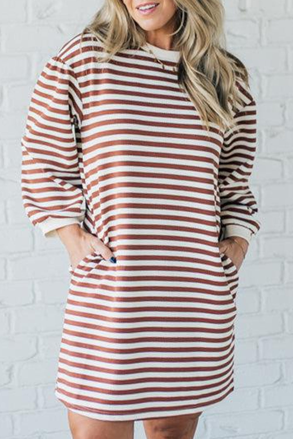 Brown Stripe Puffy Bracelet Sleeve Shift Mini T Shirt Dress