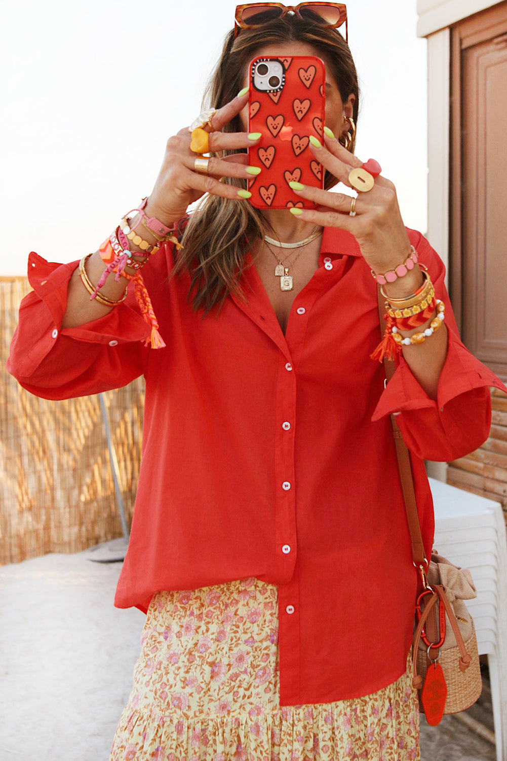 Tomato Red Button Cuffs Solid Color Shirt