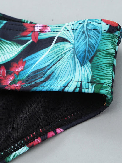 Fresh Floral High-Neck Tankini Set with Ruched Detail