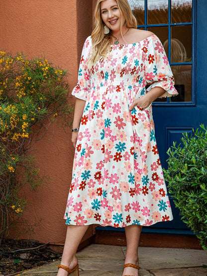 Floral Print Smocked Off Shoulder Plus Size Midi Dress in White