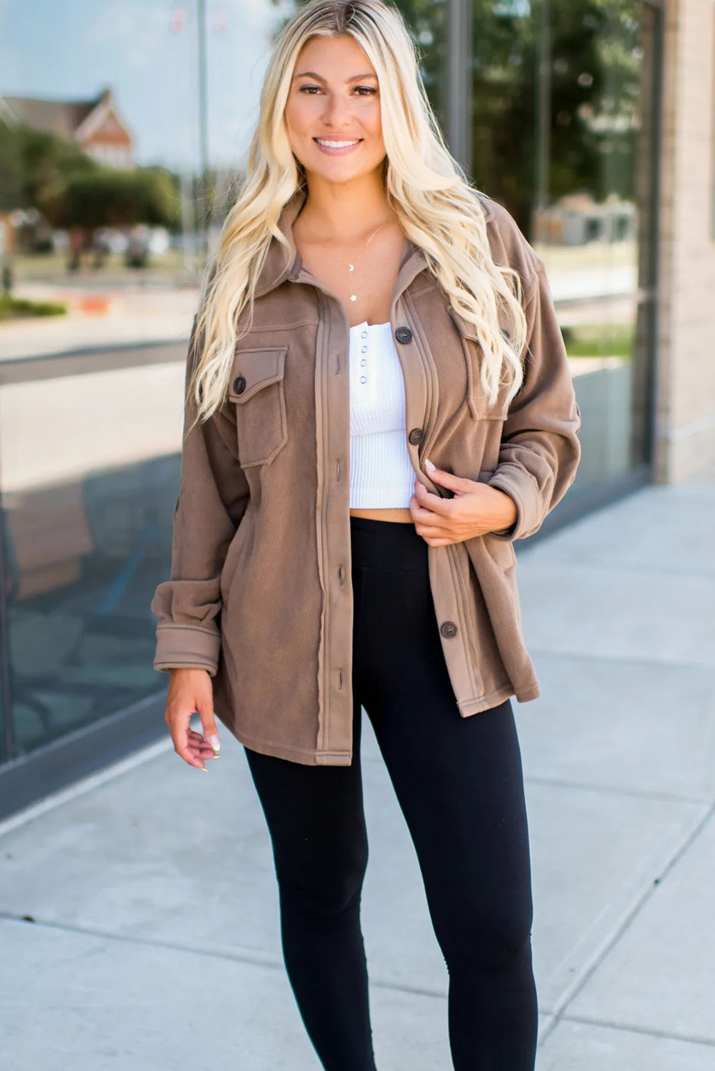 Dark Khaki Solid Color Exposed Seam Patchwork Button Down Fleece Shacket