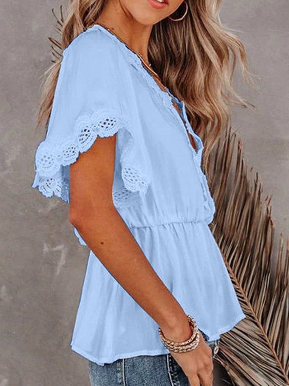 Elegant Sky Blue V Neck Lace Detail Blouse