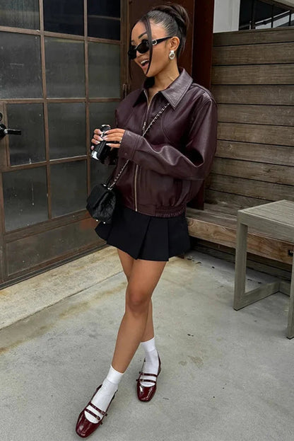 Wild Ginger Elastic Hem Zip Up Faux Leather Jacket