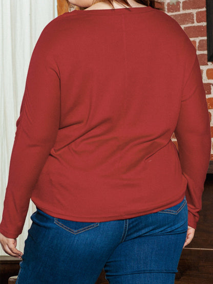 Red Dahlia Piping Detail Plus Size Long Sleeve Top