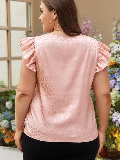 Pink Plus Size Leopard Print Ruffled Flutter Sleeve Satin Blouse