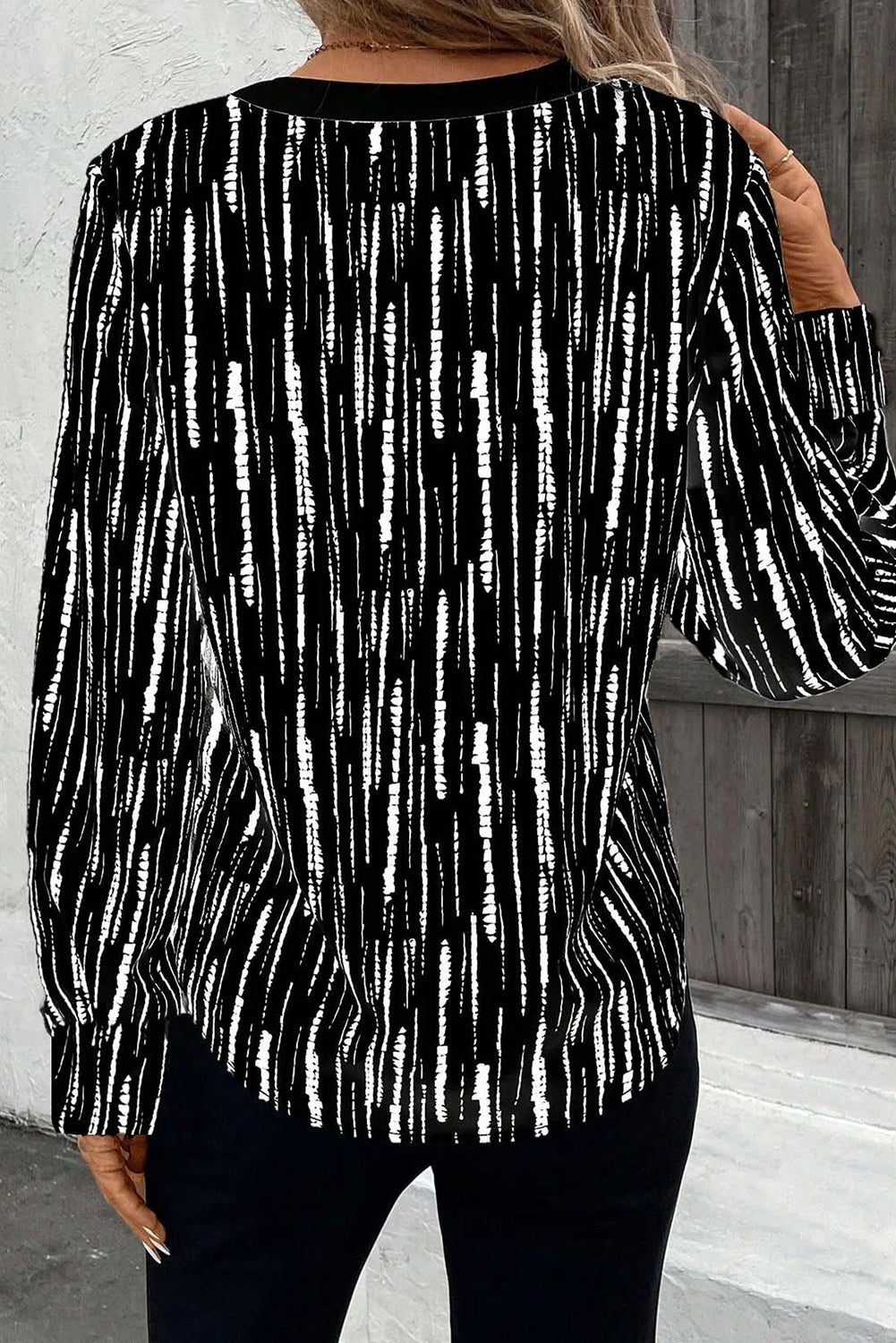 Black Abstract Printed V Neck Fall Blouse