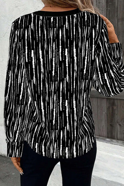 Black Abstract Printed V Neck Fall Blouse