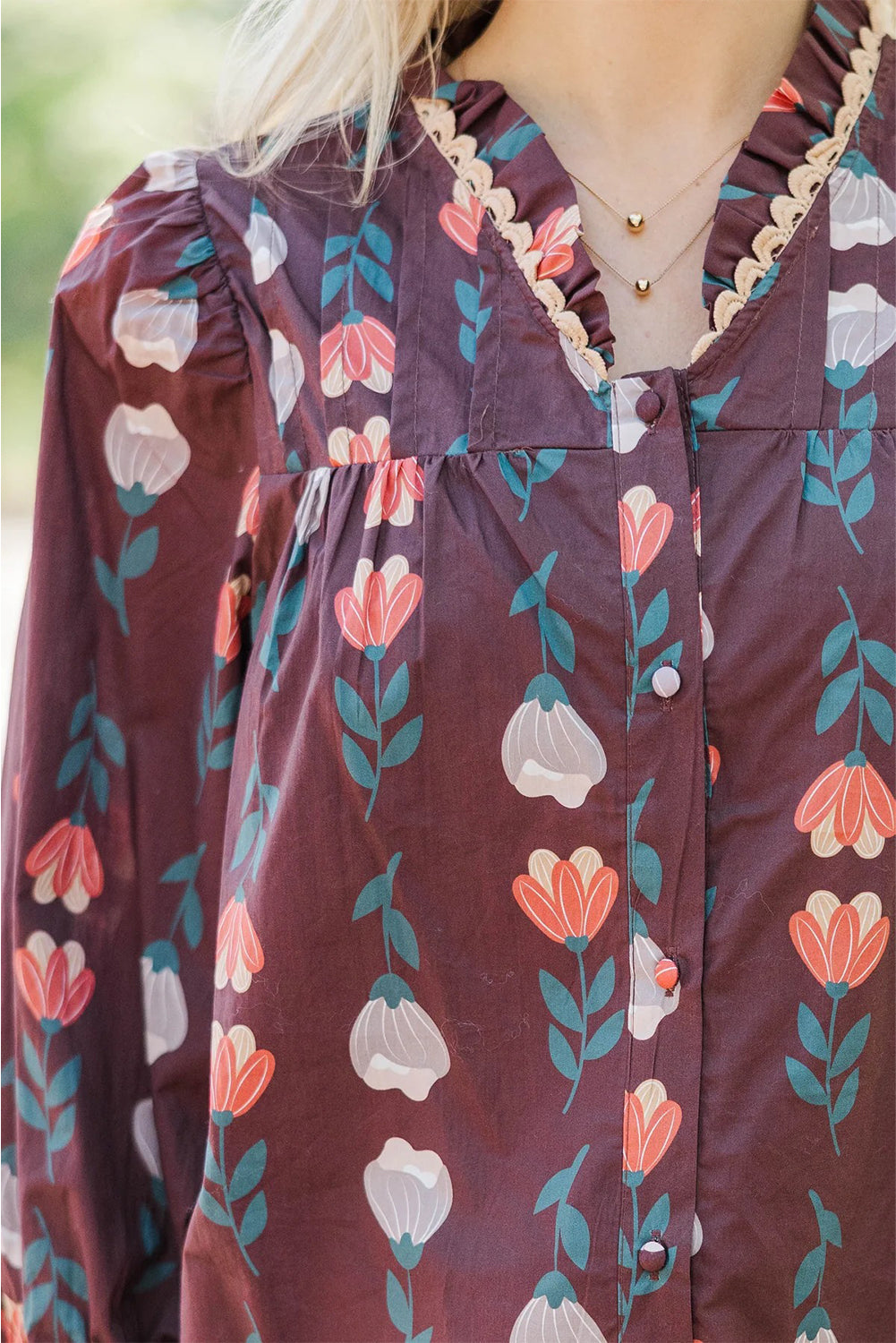 Brown Floral Print Frilled Ricrac Trim Collar Long Sleeve Shirt