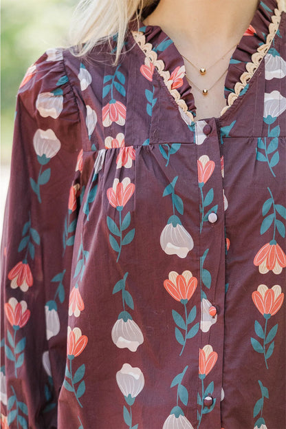 Brown Floral Print Frilled Ricrac Trim Collar Long Sleeve Shirt