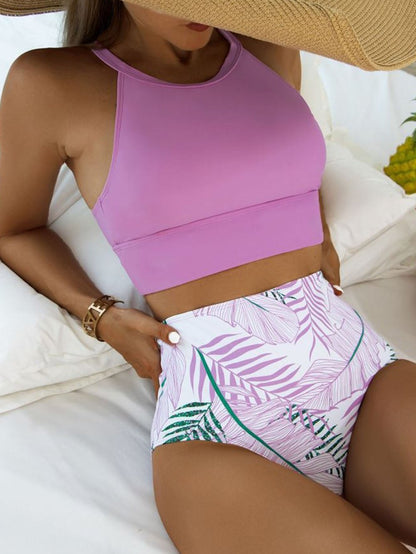 Lavender Halter Neck Floral Print High Waist Bikini Set