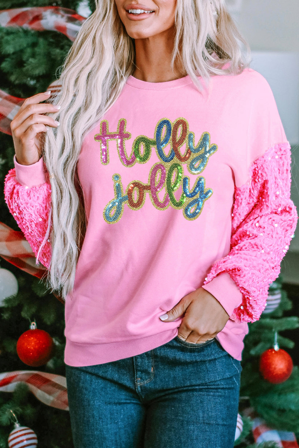 Pink Holly Jolly Sequin Letter Graphic Drop Shoulder Patchwork Long Sleeve Top