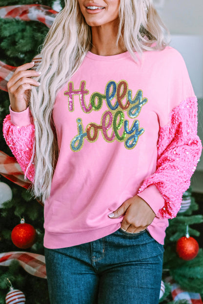 Pink Holly Jolly Sequin Letter Graphic Drop Shoulder Patchwork Long Sleeve Top